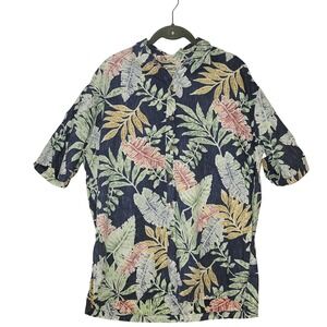 Cooke‎ Street Honolulu Mens Large Hawaiian Shirt Navy Blue Tropical Leaf Cotton